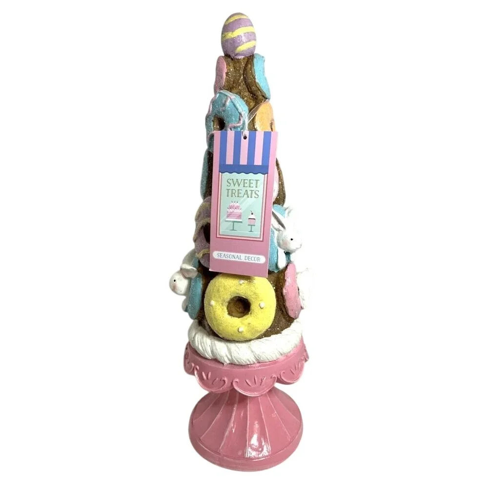 Sweet Treats Bunny Donut Topiary Figurine Pastel Bunny Pedestal Cottage Decor NT